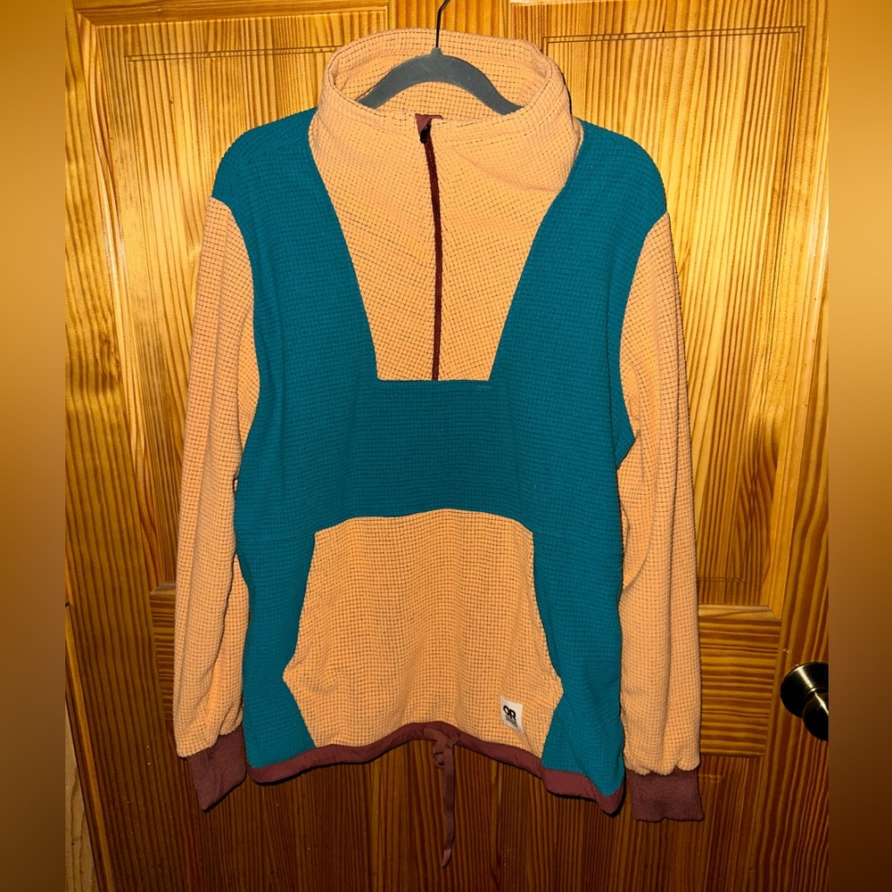 Outdoor Research Trail Mix 1/4-Zip Pullover - Size Med, Deep Lake/ Orange Fizz